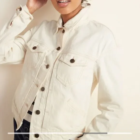 Old Navy White Cotton Denim Trucker Long Sleeve Jean Jacket L - Picture 8 of 11